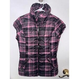 Razzle Dazzle Pink Black Plaid Puffer Vest Sleeveless Quilted Jacket Small